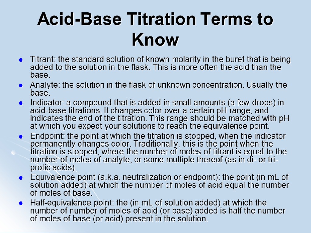 Acid-Base Titration Terms to Know Titrant: the standard solution of known molarity in the